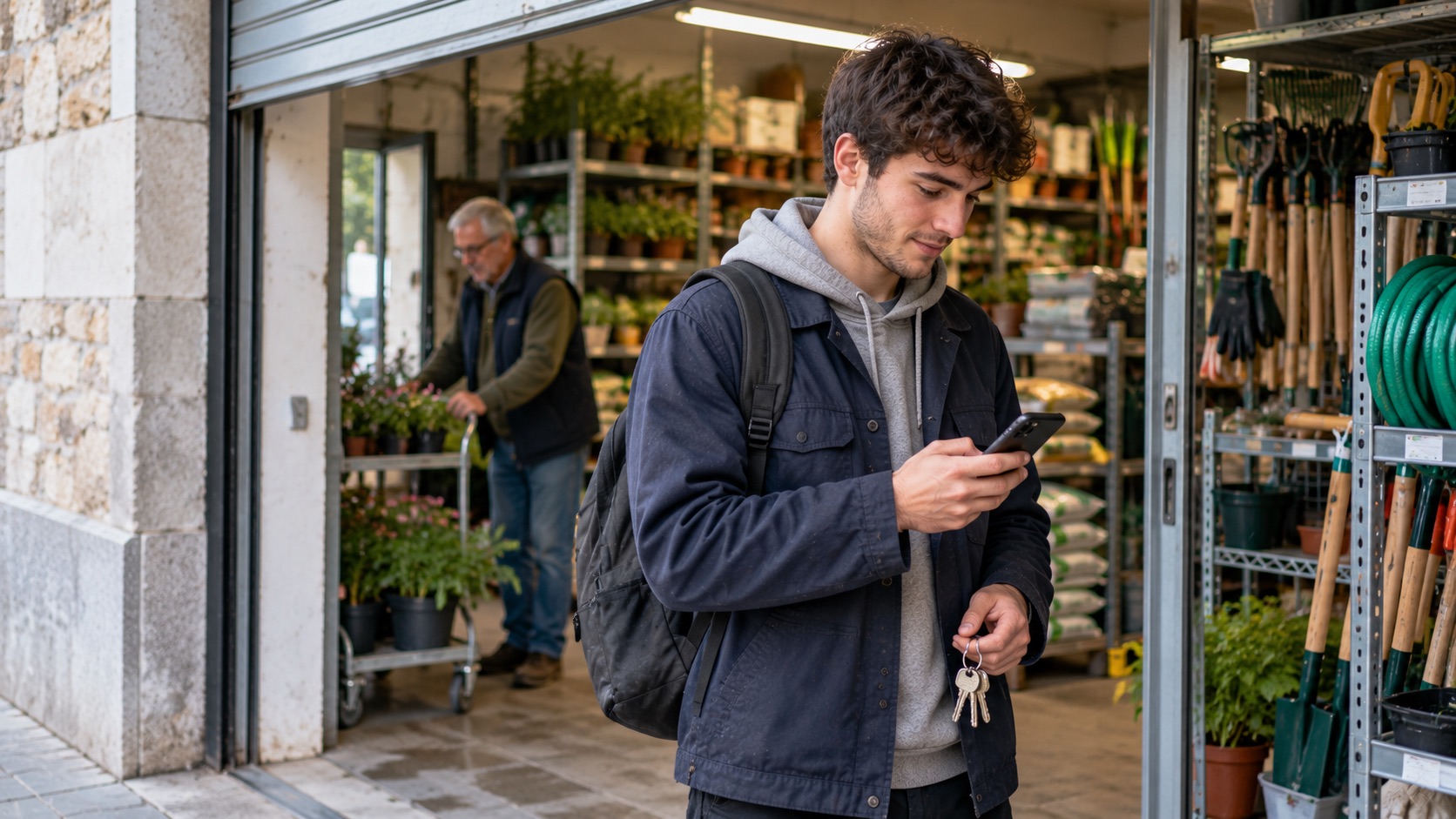 A young man with a backpack and the shop keys in his hand taps his phone in the doorway of a hardware and garden shop in the morning, while the older owner wheels out a trolley of plants behind him.
